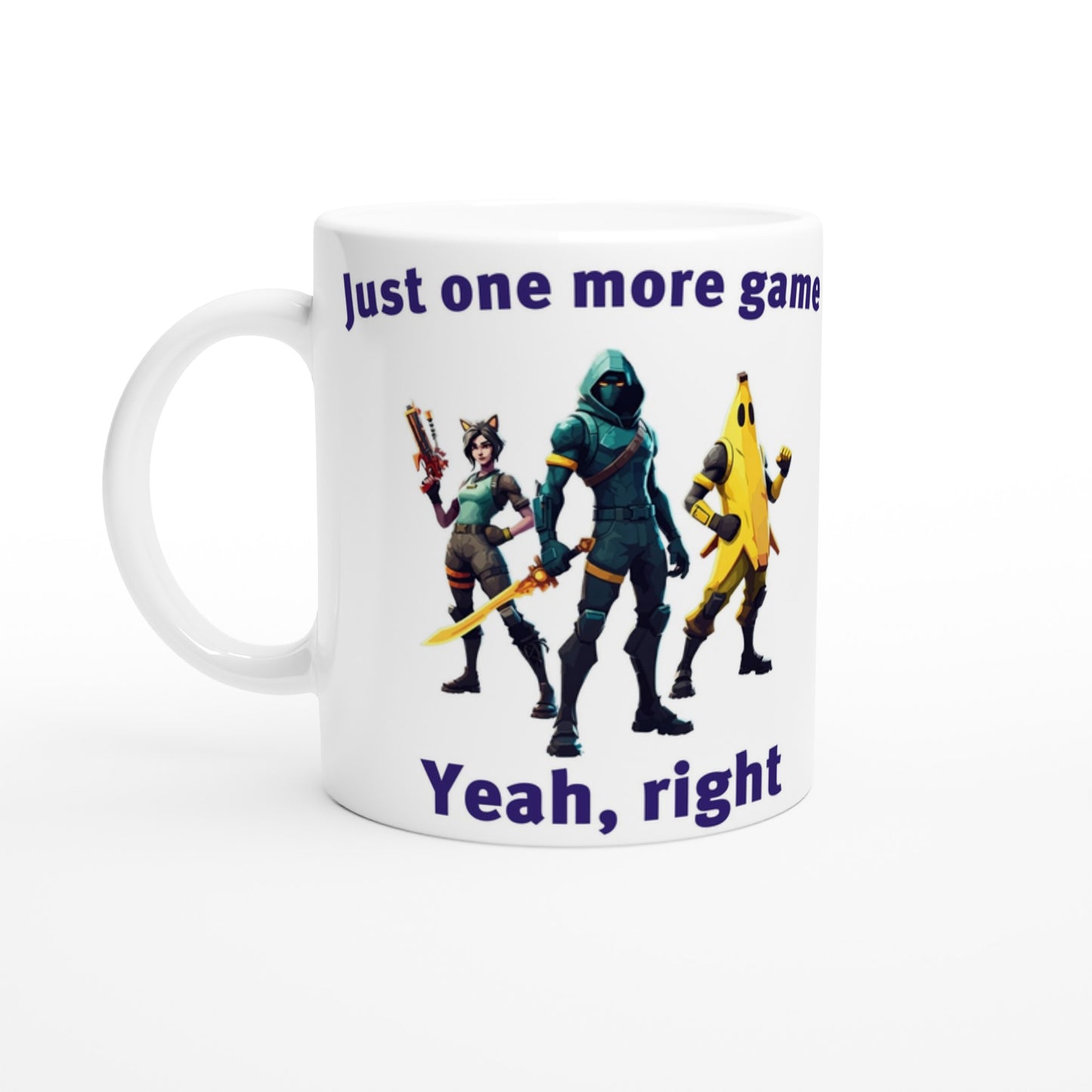 White coffee mug. Three characters on the front from the game Fortnite, a woman holding a gun with cat ears, a stealthy ninja holding a yellow sword and a character in a yellow banana outfit.
