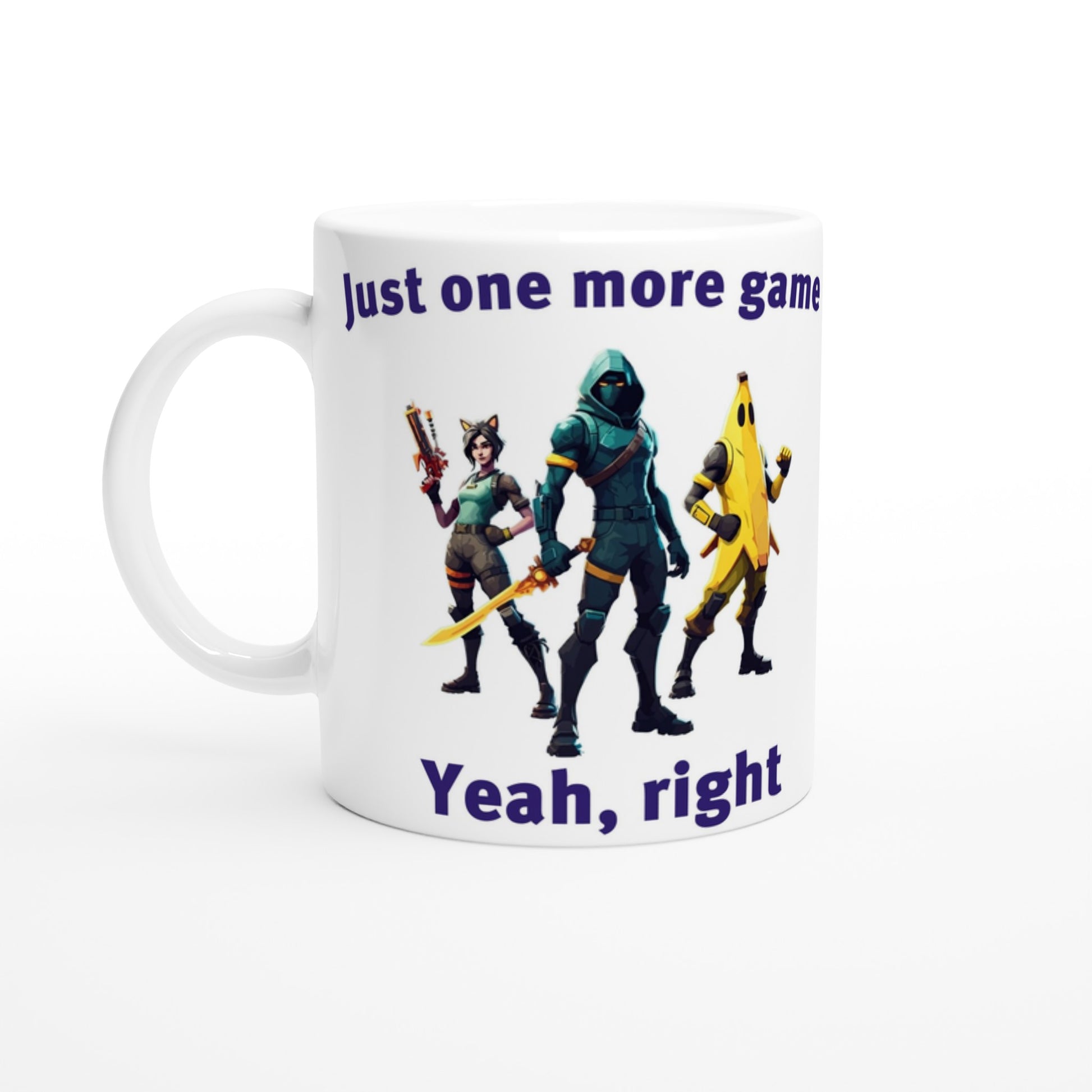 White coffee mug. Three characters on the front from the game Fortnite, a woman holding a gun with cat ears, a stealthy ninja holding a yellow sword and a character in a yellow banana outfit.